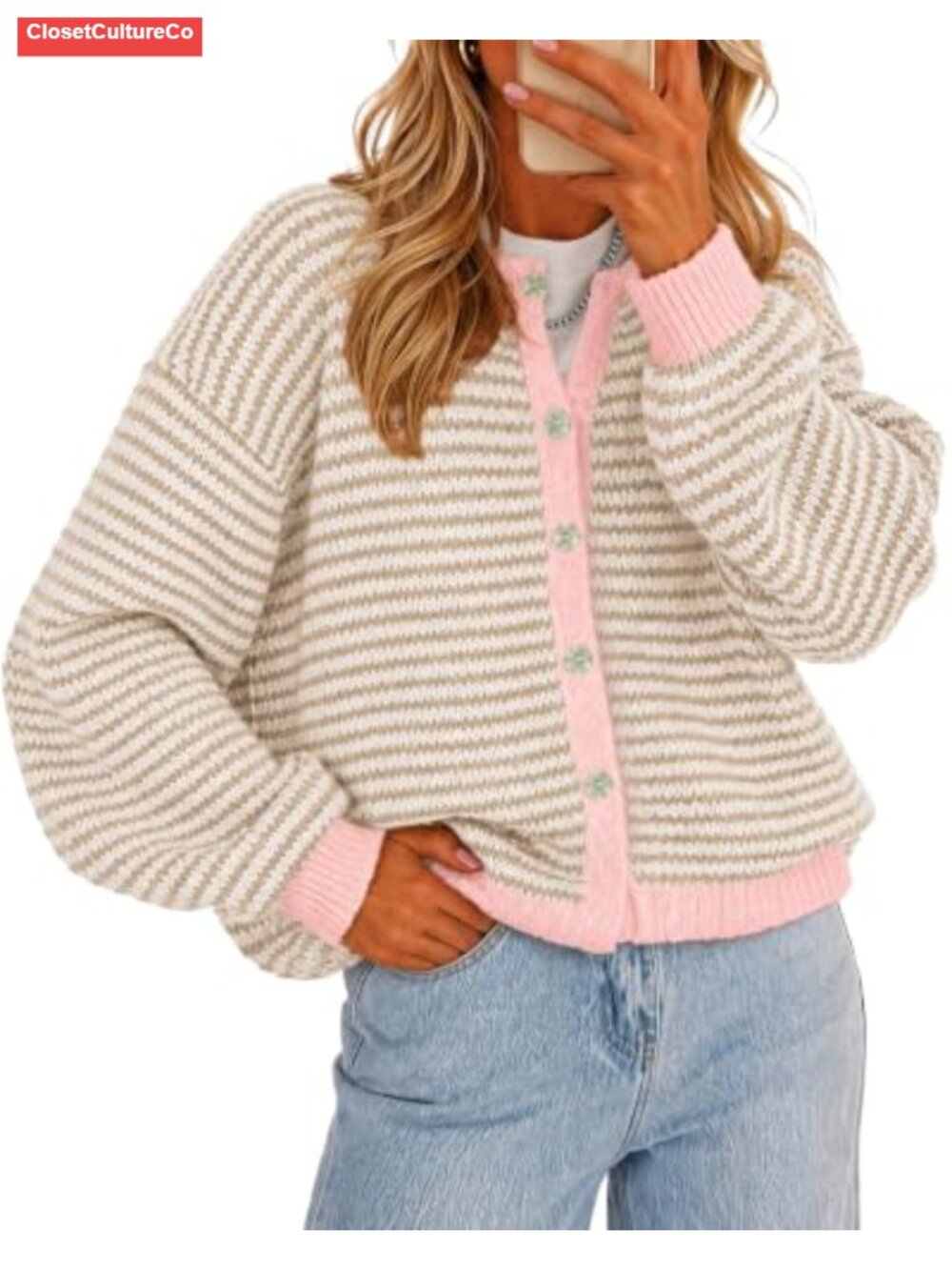 Womens Striped Cardigan Sweater Long Sleeve Button Up Knit Top